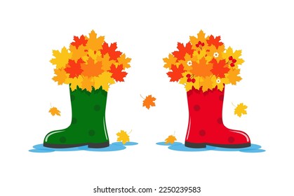 Green and red rubber boots with yellow leaves, berries and white daisies. Rainy weather concept 