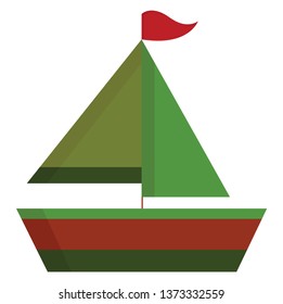 A green and red sailboat with a red flag sailing in the sea vector color drawing or illustration 