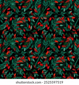 Green and red seamless background twigs and leaves. hand drawing. Not AI, Vector illustration.