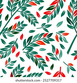 Green and red seamless background twigs and leaves. hand drawing. Not AI, Vector illustration.