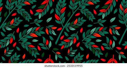 Green and red seamless dark background twigs and leaves. hand drawing. Not AI, Vector illustration.