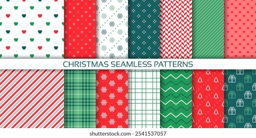 Green red seamless pattern. Christmas backgrounds. Textures with tree, zigzag, plaid, gift box, candy cane. Xmas wrapping paper. Set holiday prints. New year festive backdrops. Vector illustration