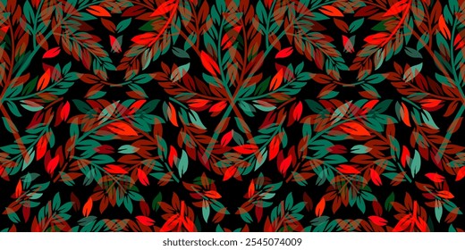 Green and red seamless pattern twigs and leaves. Christmas background. hand drawing. Not AI, Vector illustration.