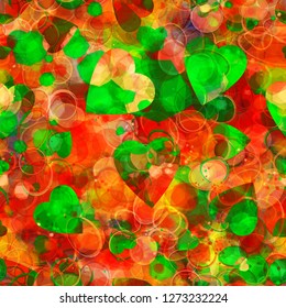Green and red seamless texture. Hearts as stylized leaves. Floral pattern. Abstract vector background for web page, banners backdrop, fabric, home decor, wrapping, romantic design