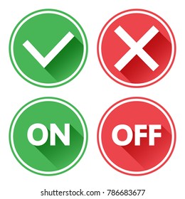 Green and red set of buttons. Yes and No check marks. On and Off. Vector illustration