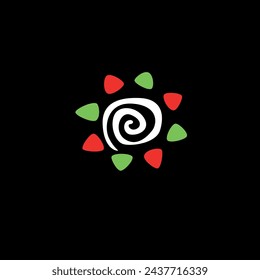green and red shapes rotating around the white circle