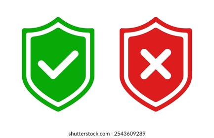 Icono de escudo verde y rojo con marca de verificación redondeada, y señal cruzada, símbolo de ok tick, Ilustración vectorial de símbolo aislado de x cross, símbolo de defensa. Aprobado, rechazado o sí, y sin Botones de marca de verificación