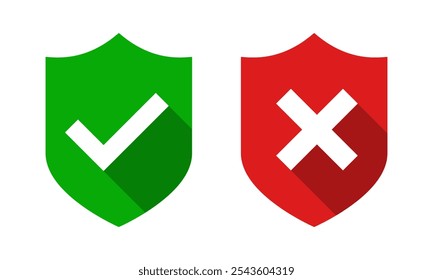 Escudo verde e vermelho definido com marca de seleção, ícone de cruz, símbolo de carrapato ok, ilustração de vetor de sinal de sombra longa x, símbolo de defesa da Internet. Aprovado, rejeitado ou sim, e nenhum botão de marca de seleção