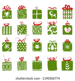 Green and red simple gift boxes for holiday celebrations scandinavian nordic style. Christmas, new year presents. Collection of boxes with simple decoration hand drawn