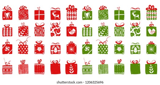 Green and red simple gift boxes for holiday celebrations scandinavian nordic style. Christmas, new year presents. Collection of boxes with simple decoration hand drawn
