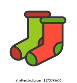 Green and red socks, Merry Christmas theme set, filled outline editable stroke pixel perfect icon