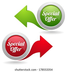 Green and red special offer button with arrow