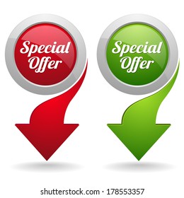 Green and red special offer button with arrow