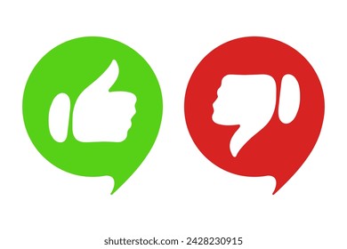 Green and red speech bubbles with like dislike gestures. Approve, disapprove, correct actions, incorrect, fail, advice, tips, right, advise, avoid mistakes, pros cons, do dont, lifehack, wrong. Vector
