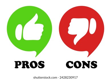 Green and red speech bubbles with pros cons text and like dislike gestures. Approve, disapprove, correct actions, incorrect, fail, advice, tips, right, advise, avoid mistakes, lifehack, wrong. Vector