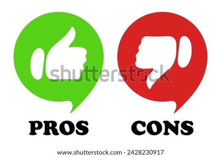 Green and red speech bubbles with pros cons text and like dislike gestures. Approve, disapprove, correct actions, incorrect, fail, advice, tips, right, advise, avoid mistakes, lifehack, wrong. Vector