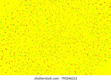 Green and red spot circle. Star dust distress scatter colorful dot spot on yellow abstract background