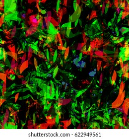 Green and red spots like stylized leaves. Chaotic seamless texture for fabric, wrapping, home decor. 
