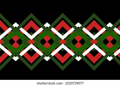 Green and red square pattern on a black background for fabric pattern.