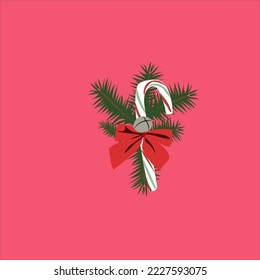 Green and red striped Christmas Candy Canes tied with red ribbon bow and fir tree leaves vector illustration.red background
