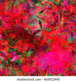 Green, red. Stylized feathers and leaves. Overlap, transparency, overlay, randomly mixed. Floral seamless vector background. For fabric, print, boho design