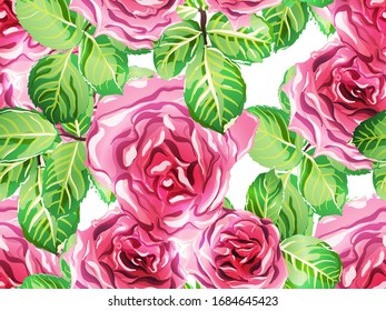 Green and Red Summer Peonies Leaves and Buds Sleepwear Texture.  Botanic Rose Flower Swimwear Print. Hand Drawn Continuous Floral Design. Rose Seamless Pattern. Girly Hawaiian Peony Background. 