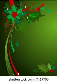 Green & red themed Christmas background of holly and ribbons. See Image #7419715 for Hi-res JPG version.