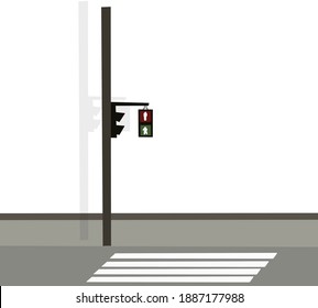Green and red traffic light signal to cross the road, road markings, sidewalk for pedestrians, without any cars and people. Cityscape, empty street, highway, urban concept