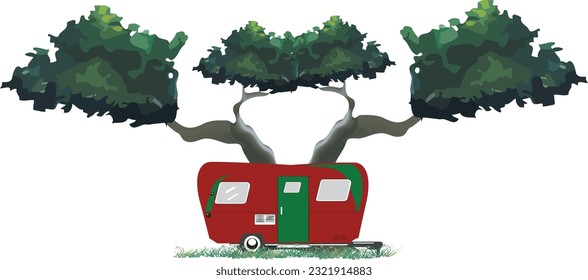 the green and red trailer is parked under the trees with a tree on it-