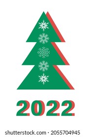 green and red tree with snowflake, new year 2022, postcard, vector