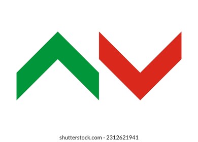 Green, red up-down chevron stripes. A pair of v-shape symbols. Isolated on a white background.