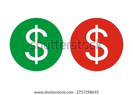 Green, red US dollar circle icons. Two USD money symbols inside circular shapes. Isolated on a white background.