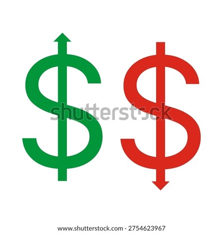 Green, red USD up, down arrows. Two pointing United States dollar money symbols. Isolated on a white background.