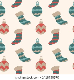 Green Red vector seamless texture with colored snowflakes, balls, socks, mittens. Colorful xmas elements with gradient. Pattern for trendy fabric, wallpapers.