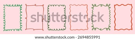 Green and red vector whimsical doodle frames, wavy Christmas borders for holiday menus and invitation backgrounds