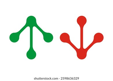 Green, red vertical mini metaball arrows. Up, down direction symbols. Isolated on a white background.