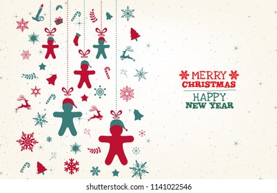 Green and Red Vintage Christmas elements, reindeer with text paper doll background. EPS10