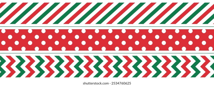 green and red washi tape design, geometric Christmas border line set, vector decorative elements