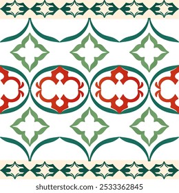 Green, red, and white classic damask seamless pattern: vector illustration for elegant textile design, carpet, curtains, and clothing. Ideally for all decoration.