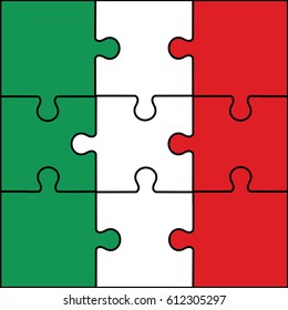 green, red & white colors background national italy flag illustration on a black line or outline with nine complete flat design style Jigsaw simple vector or Puzzle modern  