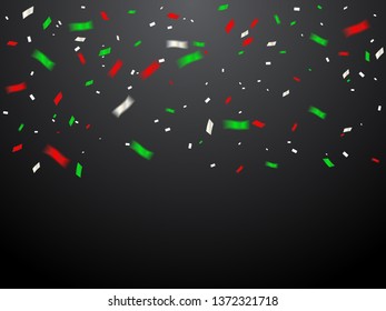 Green And Red White Confetti Falling On Black Background. Congratulations And Celebration. Mexico Or Italy, Bulgaria, Madagascar Flag Color Concept Template Design. Vector Illustration