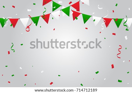 Green And Red White Confetti And Ribbons Falling On White Background. Congratulations and Celebration Background. Mexico Or Italy, Bulgaria, Madagascar Flag Color Concept Design. Vector Illustration