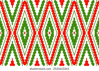 Green, Red, and White Diamond Geometric Pattern with Ethnic Vibes for Cultural Crafts, Festive Fashion, and Decor.