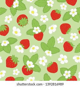 Green, red and white floral vector seamless pattern with strawberries, leaves and flowers. Spring and summer design for fabric, wrapping paper, berries packaging, kitchen or garden decor.