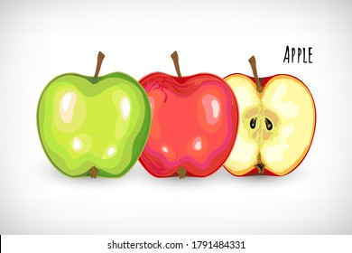 Green, Red whole apple fruit and halved red apple in flat style on white background. Lettering Red Apple. Hand drawn elements for natural organic food designs. Vector illustration.