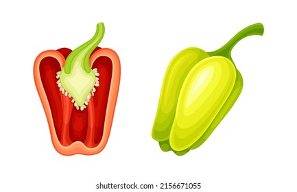 Green and red whole and half pepper bell set vector illustration