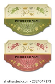 Green and red wine horizontal labels. Vector set of two labels for wine with bunches of grapes and crown. Design of the wine logo. Vector illustration.