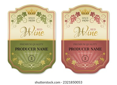 Green and red wine labels. Vector set of two labels for wine with bunches of grapes and crown. Design of the wine logo. Vector illustration.