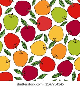 Green, Red, Yellow Apple Seamless Endless Pattern. Red Apple Fruit. Home Brew. Autumn or Fall Vegetable Harvest Collection. Realistic Hand Drawn High Quality Vector Illustration. Doodle Style.