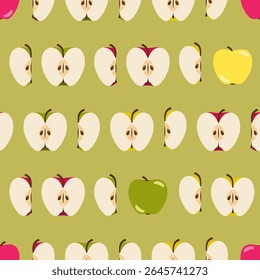 Green, Red and Yellow Apples and Apple Halves on Green background. Seamless Pattern Design